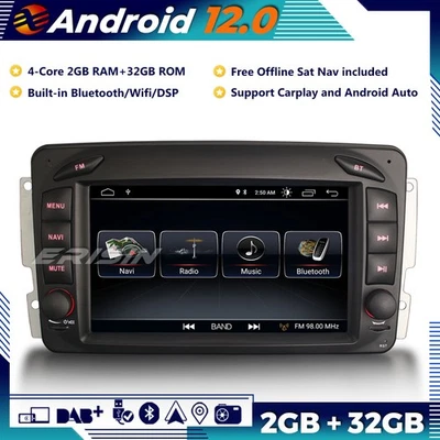 DAB+ Android 12 Autoradio GPS Wifi DTV CarPlay Mercedes C/CLK/G Class W209 W203 - Immagine 1 di 4