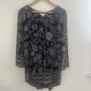 Lucky Brand Womens Boho Tunic Floral Peasant Blouse 3/4 Sleeves 1X Viscose - Picture 1 of 9