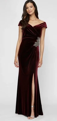 Alex Evenings Women's Red Velvet Off-The-Shoulder Gown Dress Size 14 - Image 1 of 4