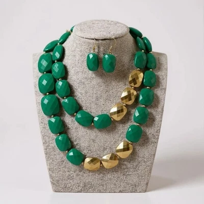 Green And Gold Faceted Lucite Bead Long Necklace Earring Set - Image 1 of 2