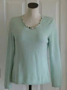 Art-to-Wear Olsen Europe Chic Cotton Light Mint Aqua Real Sea Shells Sweater~S/M - Picture 1 of 12
