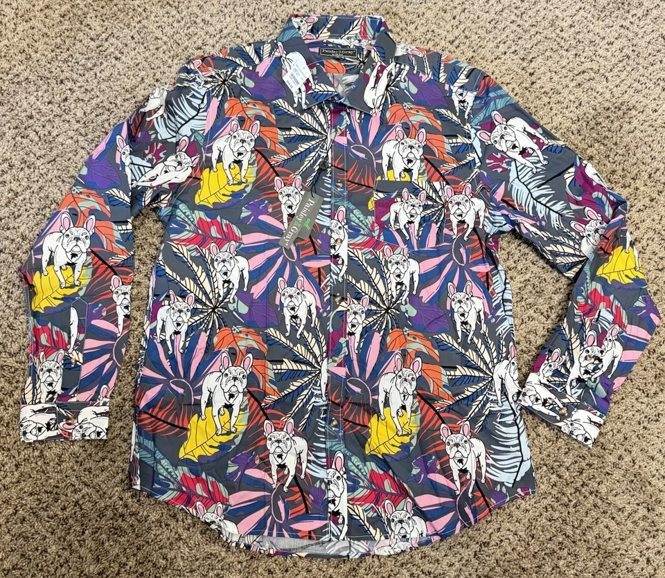 Camisa social masculina paisley e cinza 2XL slim fit buldogue francês estampa floral Frenchie - Imagem 1 de 4