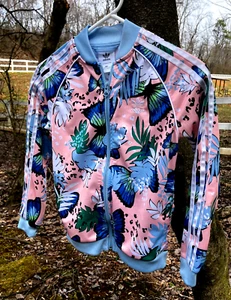 Adidas Girls (S) Her Studio London Butterfly Floral Print Track Jacket Blue - Picture 1 of 8
