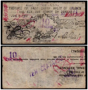 1943 Philippine Province of FREE SAMAR Calbiga Currency 10 Centavos SMR-272 RARE - Picture 1 of 3