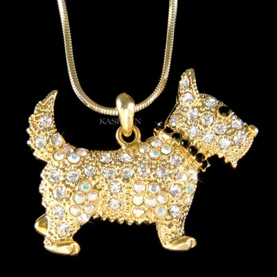 Westie Schottische Scottie Hund Welpe mit Swarovski Kristall Gold Tone Necklace - Bild 1 von 4