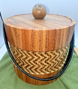 Vintage 60s Retro Rattan Faux Wood Ice Bucket w/ Handle Elmar Mfg California - Picture 1 of 15