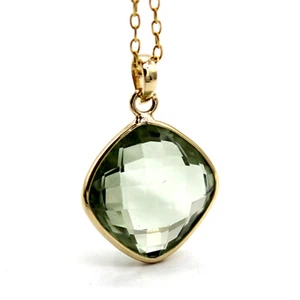 Natural Green Amethyst Pendant Cushion Faceted 18k Yellow Gold Pendant - Picture 1 of 6