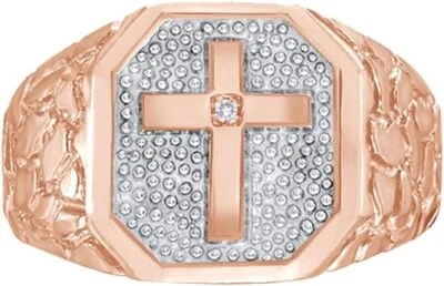 1/5ct Natural Round Diamond Cross Nugget Mens Band Ring 10K Solid Rose Gold - Image 1 of 3