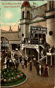 CONEY ISLAND, NEW YORK - LUNA PARK AMUSEMENT PARK TRIP TO MARS - OLD POSTCARD - Picture 1 of 2