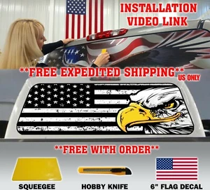 BLACK & WHITE DISTRESSED AMERICAN FLAG EAGLE PICKUP TRUCK REAR WINDOW DECAL TINT - Picture 1 of 5