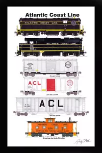 Poster Atlantic Coast Line anni 60 treno 11"x17" in tappetino 12"x18" firmato Andy Fletcher - Foto 1 di 1
