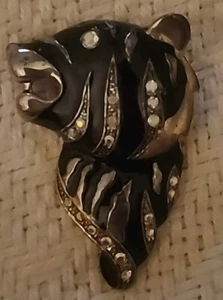Vintage Gold-tone Black Enamel With Rhinestones Panther Head Brooch - Picture 1 of 7