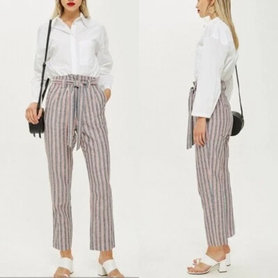 Nuevo con etiquetas Pantalón Topshop Cintura Alta Cinturón Clavija Talla 0 Azul Rojo Blanco Mezcla de Lino Foto 1 de 4