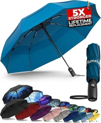 🌂 TUMELLA Strongest Windproof Travel Umbrella Compact Superior G. Petrol Blue