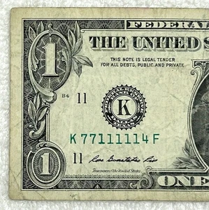 2013 Federal Reserve Note 1 $ Schein Fancy Serial Five in A Row - 77111114 - Bild 1 von 3