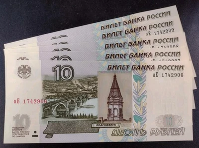1997 Russia (2022) 10 Ruble Banknotes 5 Pieces-50 Rubles Mint Condition 25-215 Foto 1 de 4