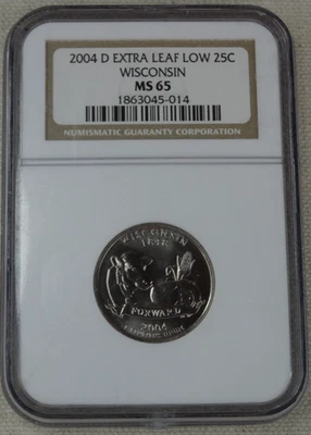 2004-D Wisconsin Quarter Extra Leaf Low Variety NGC MS 65 US Mint 25C Coin - Image 1 of 4