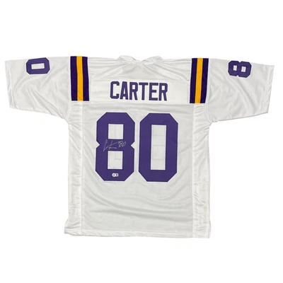Camiseta personalizada firmada por Cris Carter de los Minnesota Vikings Beckett Witness certificado de autenticidad BAS Foto 1 de 3