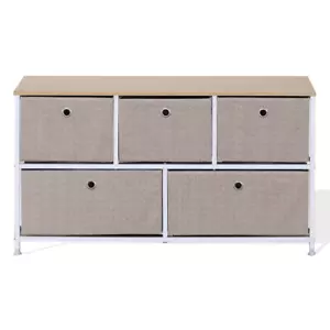 Cassettiera Bassa Mobiletto con 5 Cassetti in Metallo e Tessuto Beige Bianco - Foto 1 di 10