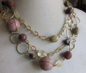 White House Black market gold tone links necklace with quartz and wood beads - Picture 1 of 5