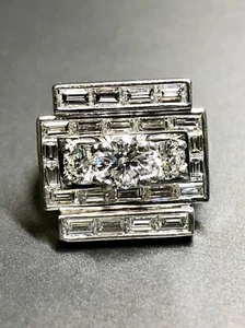 Vintage 1950’s Platinum Baguette Round Diamond Flat Angular Cocktail Ring - Picture 1 of 10