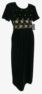 NOS Preppy New Wave Midi Flutter Sleeve Embroidered Velvet Prairie Dress Sz 14P - Picture 1 of 4