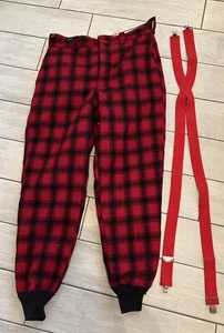 VTG Woolrich Hunting Pants 34 Waist Wool Red Buffalo Plaid Field Suspenders - Picture 1 of 10