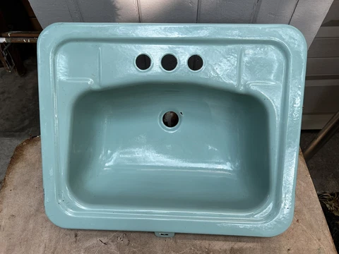 Mid Century Aqua Blue Green Porcelain Drop In Bath Sink Metal Art Deco Modern Cover