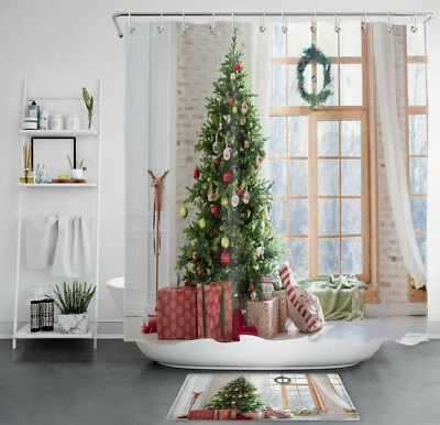Christmas Tree Garland Gifts Warm Indoor Shower Curtain Set for Bathroom Decor - Image 1 of 4
