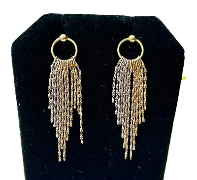 14K Tri Tone Fringe Chain Tassel Dangle Earrings Yellow White Rose Gold Pierced - Image 1 of 4