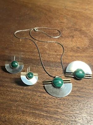 Juego de alfileres collar modernista vintage de oro 935 de malaquita Foto 1 de 4