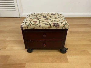 Vintage Footstool Foot Rest Sewing Box With 2 Drawers & Floral Tapestry Design - Picture 1 of 16
