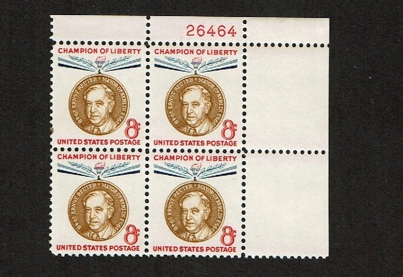1959 U.S Commem 8c ERNEST REUTER  Plt #Blk of 4  Sc#1137 M/NH/OG/Pristine - Image 1 of 1