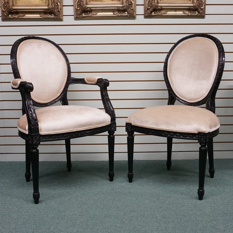 Set of 8 mahogany Louis XVI chairs Traditional black with white upholstery Cover