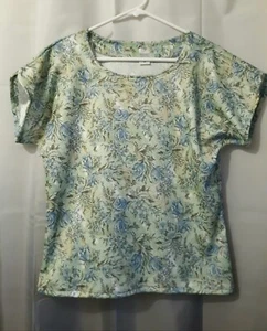 New Floral Knit Blouse M Mint Blue Scoop Dolman Short Sleeve Top Light & Breezy - Picture 1 of 6