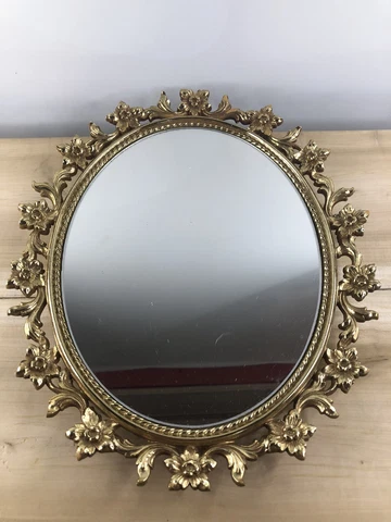 VINTAGE 1965 HOMCO OVAL Regency GOLD PLASTIC FRAME MIRROR VANITY TRAY #5120 Cover