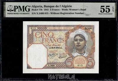 Algeria ARGELIA 5 Francs 1941 Pick-77b PMG 55  AUNC About UNC EPQ Serial X.5400 - Image 1 of 2