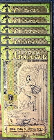 Lot of 5 Nevada Goldbacks! Each 1/1000 ounce of 24K gold! Aurum 24K Foil Note! Cover