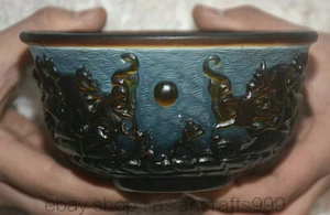 5.2" Marked Old China Blue Colored Glaze Double Dragon Play Bead Vessel Bowl - Picture 1 of 8