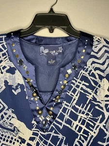 Susan Graver Blouse Womens Medium 2 Piece Blue White Embellished Geometric Top - Picture 1 of 12