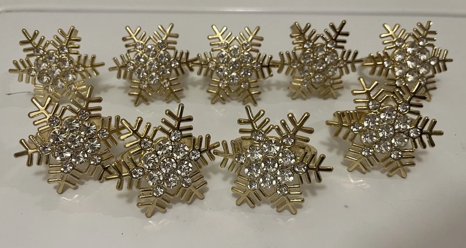 Juego de 8 y 1 extra servilleteros copo de nieve chapados en oro y diamantes de imitación Foto 1 de 4