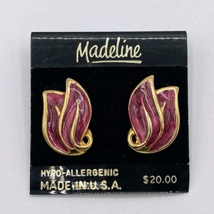 Pendientes perforados MADELINE vintage años 80 esmalte púrpura hoja/pétalos tono dorado - Imagen 1 de 2