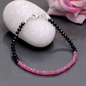 AAA+ Natural Black Spinel and Pink Sapphire Faceted Roundel Beaded Bracelet - Picture 1 of 2