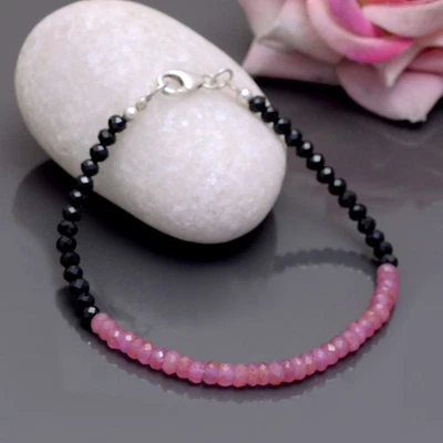AAA+ Pulsera Natural Espinela Negra y Zafiro Rosa Facetado Cuentas Redondas Foto 1 de 2