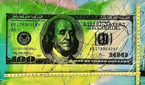 Steve Kaufman Art - $100 Dollar Bill / Hand Embellished Jackson Pollock Style - Picture 1 of 2