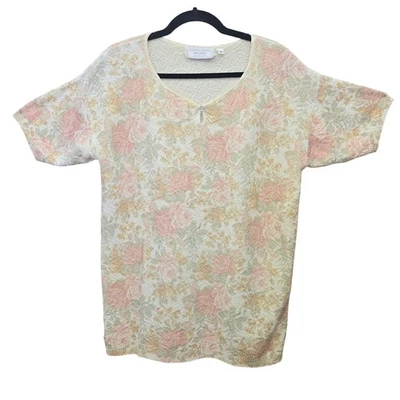 United States Sweaters Knit Top Medium Beige Pink VTG Victorian Antique Floral - Image 1 of 4