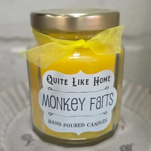 Monkey Farts scented 6.5 oz. jar candle with gold lid, and organza ribbon. - Picture 1 of 3