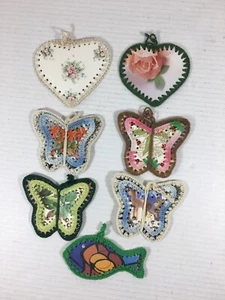 7 Vintage Handmade Christmas Hanging Ornaments Hearts Butterflys - Picture 1 of 6