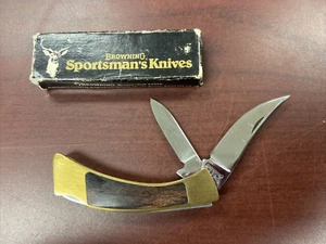 Vintage Browning USA 2118F20 Lockback Knife - Brass Frame Wood Handles - w/ BOX - Picture 1 of 6