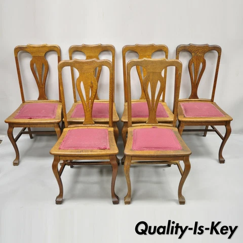 Antique Tiger Oak T-Back Dining Room Side Chairs Upholstered Seat - Set of 6 Cover